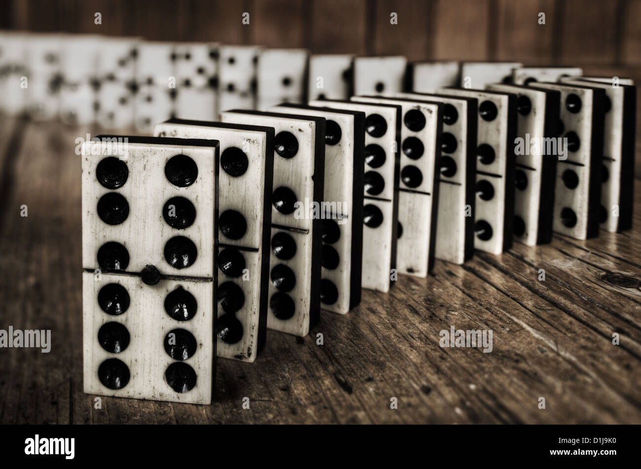 Rows of lined up old ivory and ebony bronze pinned standing domino blocks pieces on Victorian pine table wooden panel behind Stock Photo