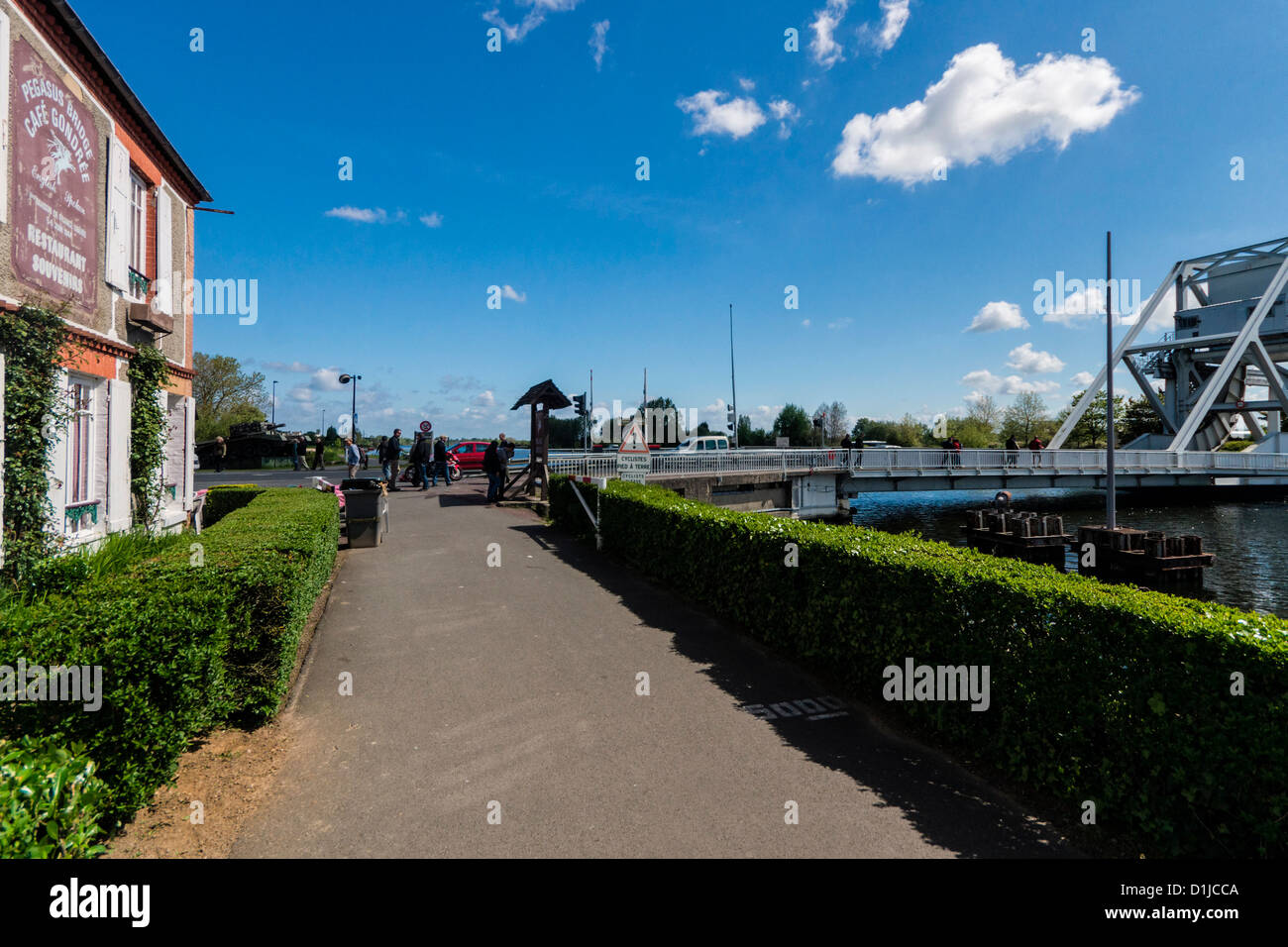 Café Gondree, the first house in France to be captured by Allied forces in D-day in 1944, overlooking 'Pegasus Bridge' (right). Stock Photo