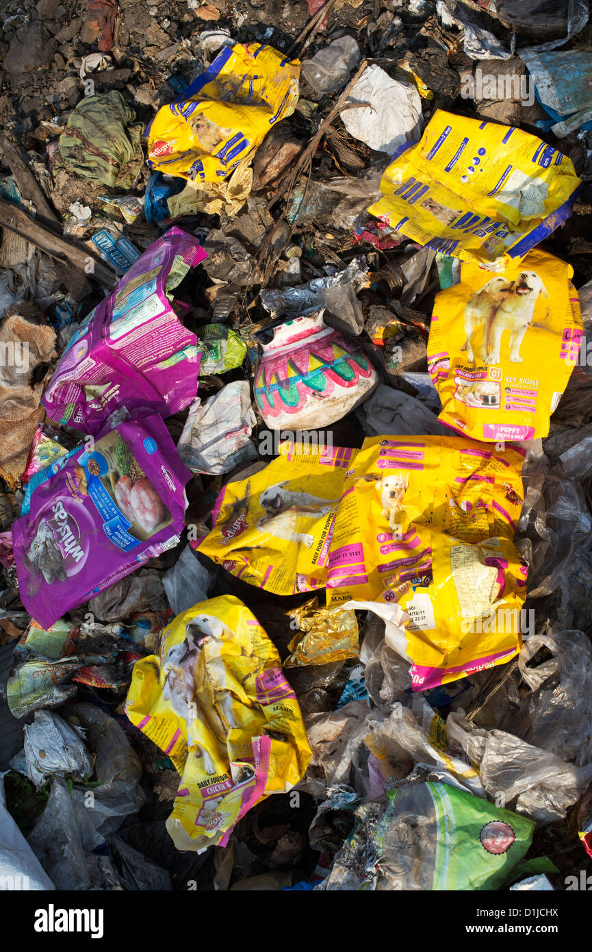 Discarded rubbish with plastic bags in the Indian countryside Stock