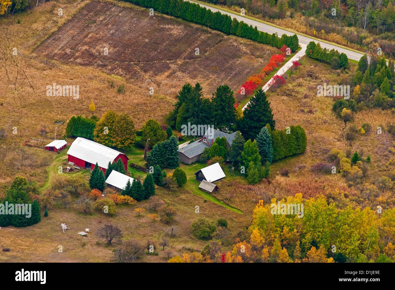 Aerial view of farm homestead in Mason county, Michigan, USA Stock