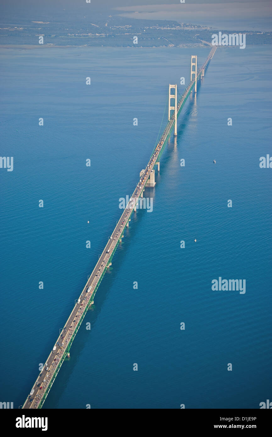 Aerial view of the Mackinac Bridge during the annual 5 mile walk every