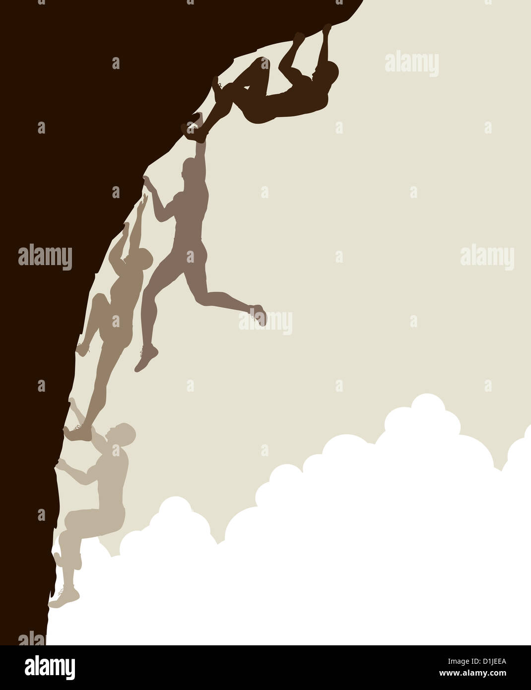 Silhouette sequence of a man free climbing without using safety ropes