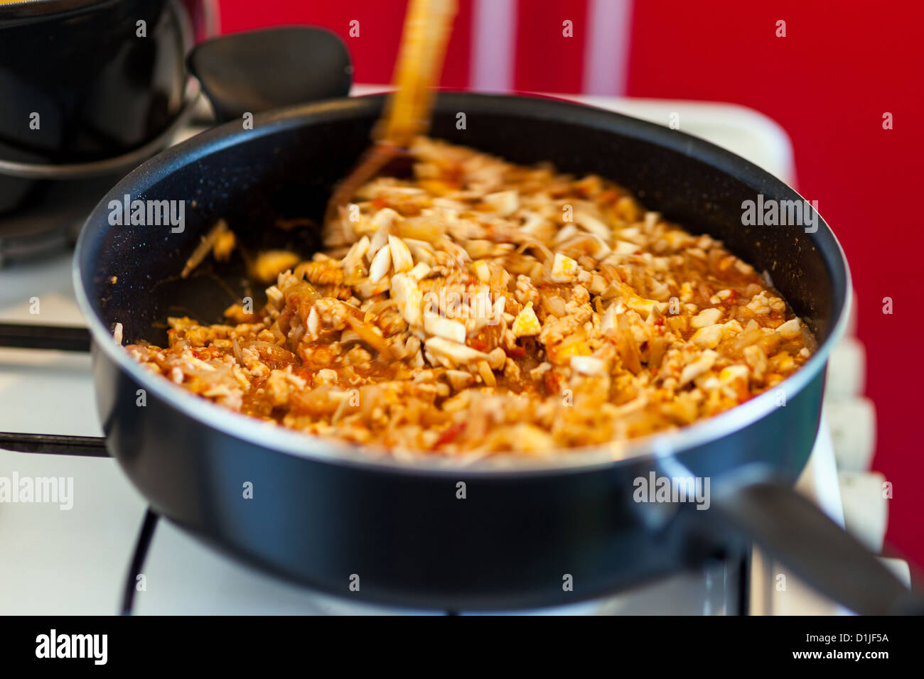 Closeup of stew cooking in pan while stirring with wooden spoon Stock Photo