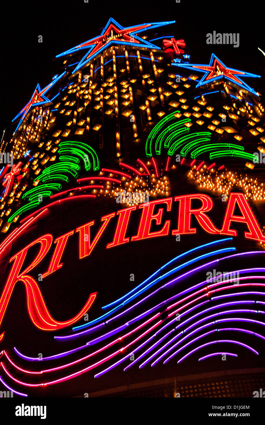 Neon light exterior of the Riviera casino and resort in Las Vegas, NV. Stock Photo