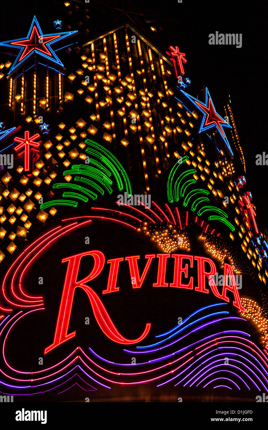 Neon light exterior of the Riviera casino and resort in Las Vegas, NV. Stock Photo