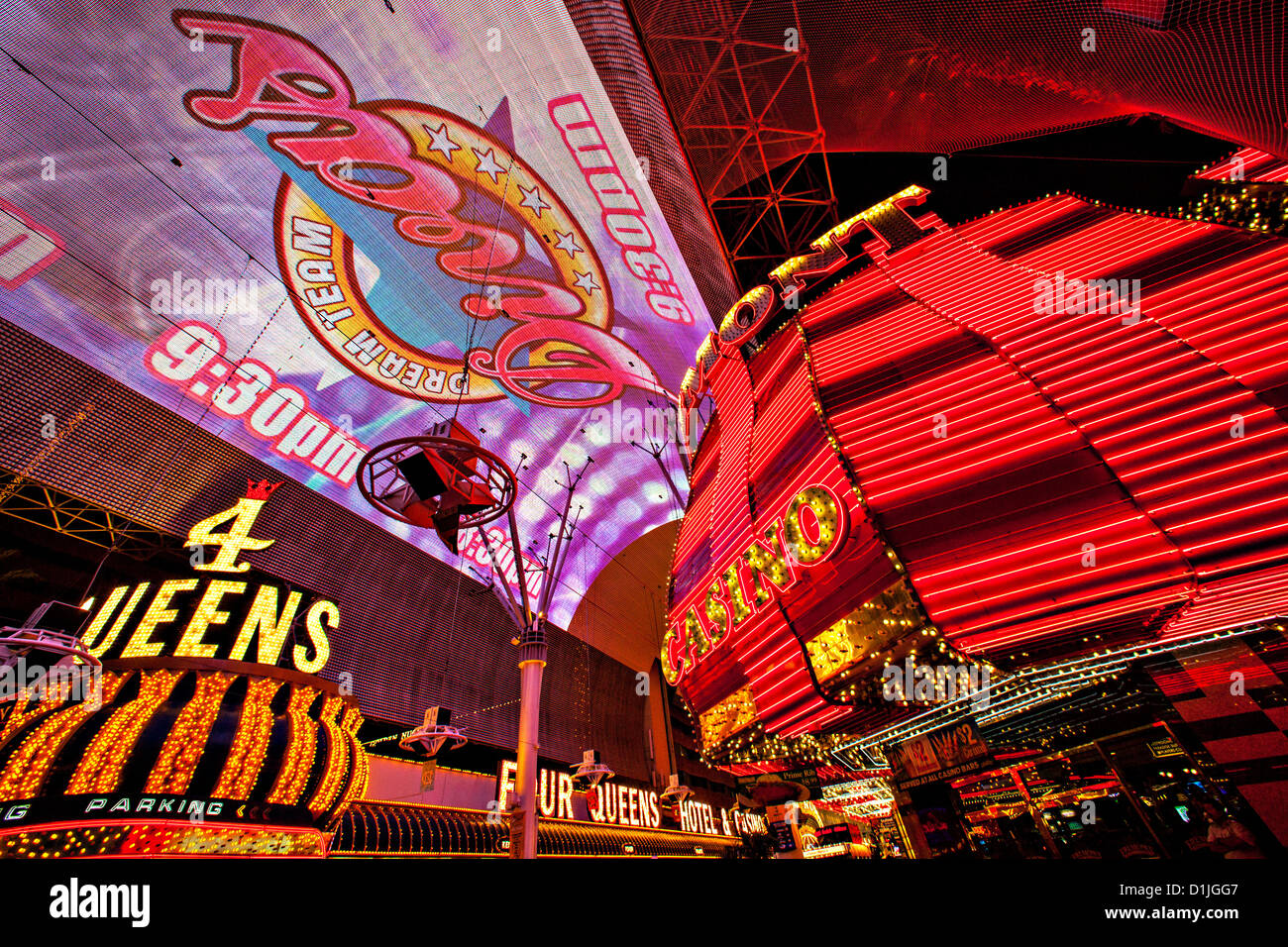 Neon lights in the Fremont Street Experience in Las Vegas, NV. Stock Photo