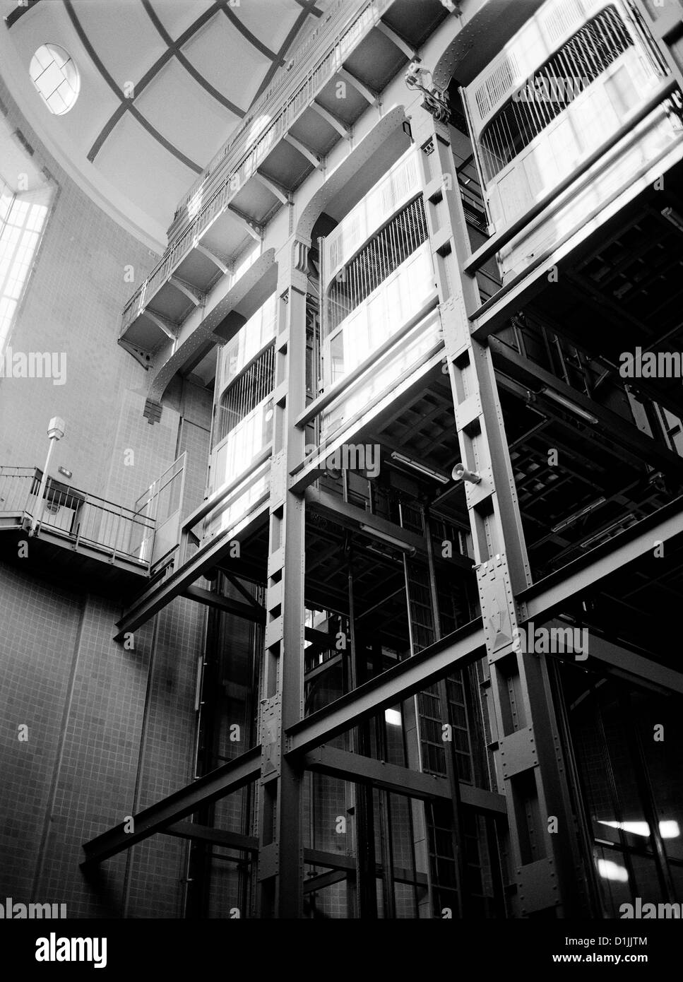 Wooden vehicle elevators inside Alter Elbunnel at Sankt Pauli in Hamburg. Stock Photo