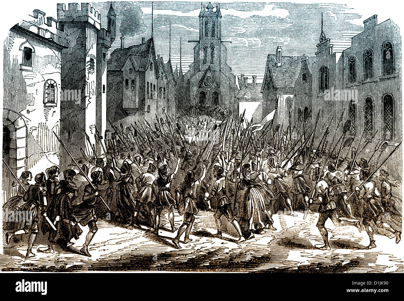 scene from the history of France, a revolt in a Frankish town in the 12th century, Stock Photo