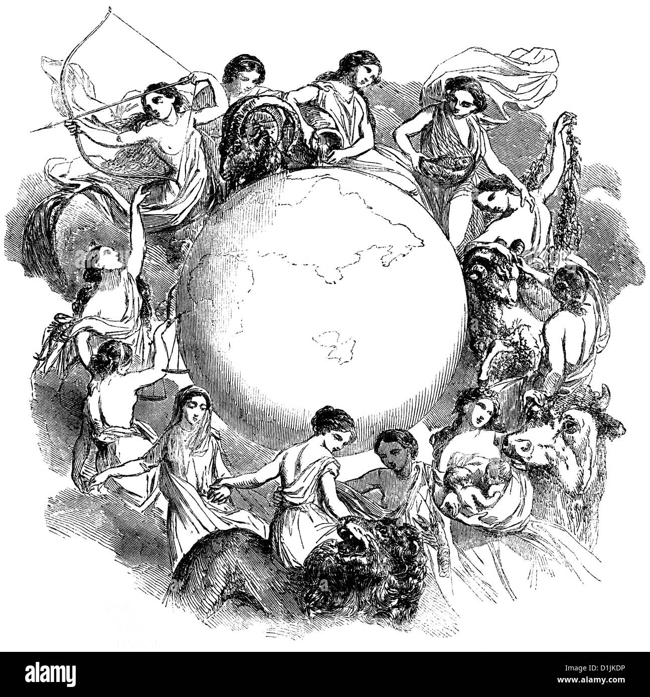 allegorical image of the zodiac signs, women standing around a globe, around 1860, Stock Photo