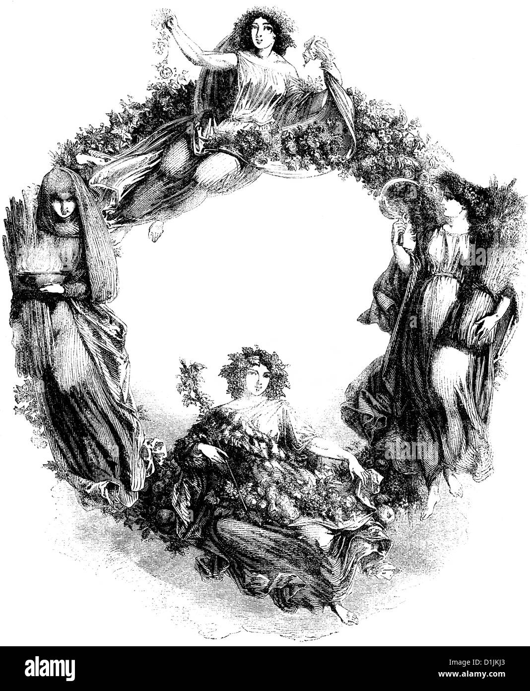 framing with allegorical images of the seasons, women or goddesses, around 1860 Stock Photo