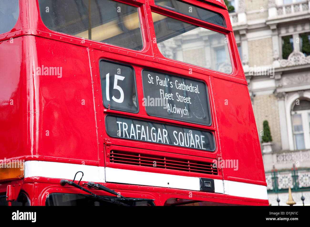 Detail on 15 Red London Bus travelling towards Trafalgar Square, London Stock Photo
