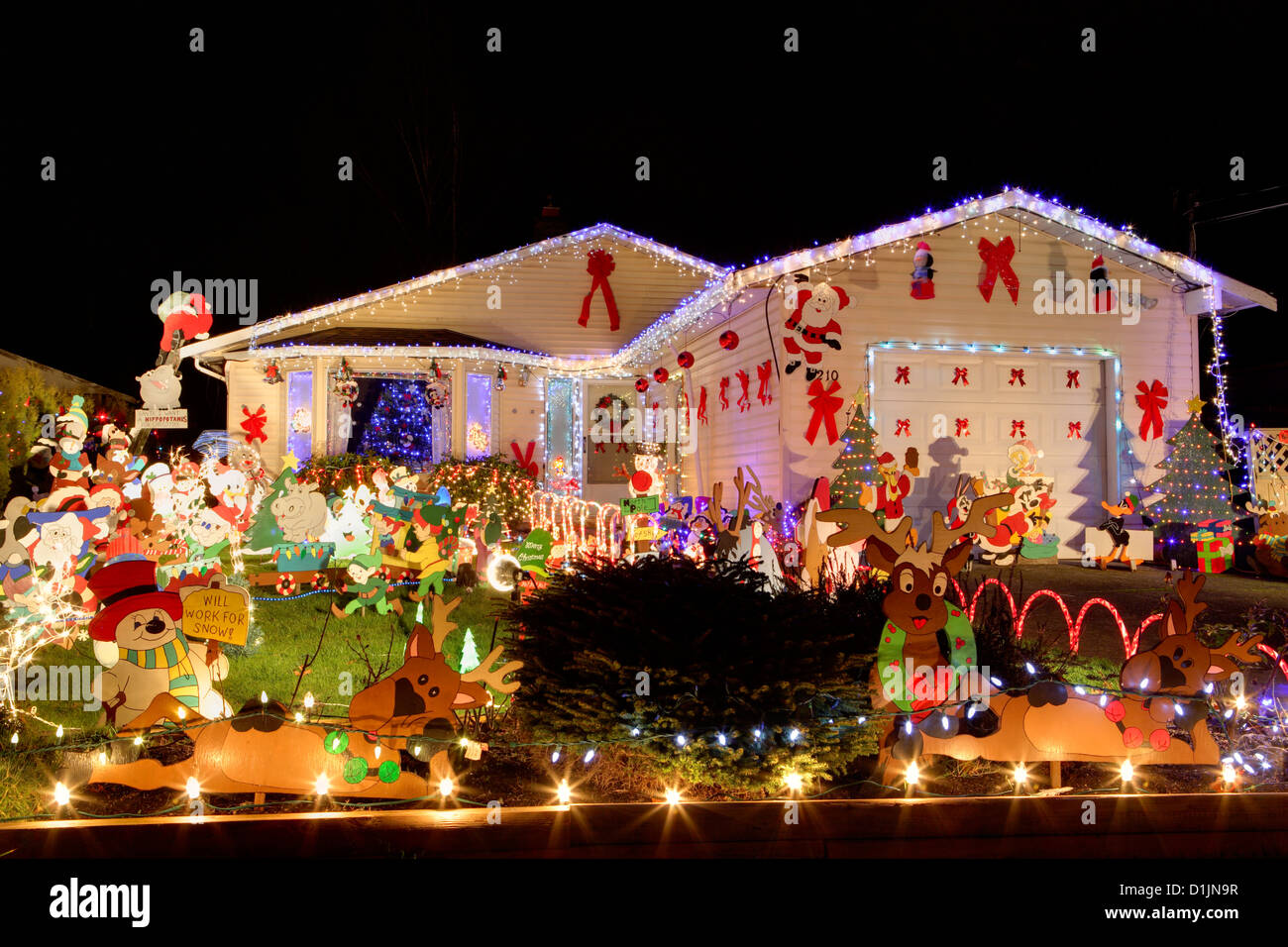 House lit up for annual Christmas season.-Victoria, British Columbia, Canada. Stock Photo