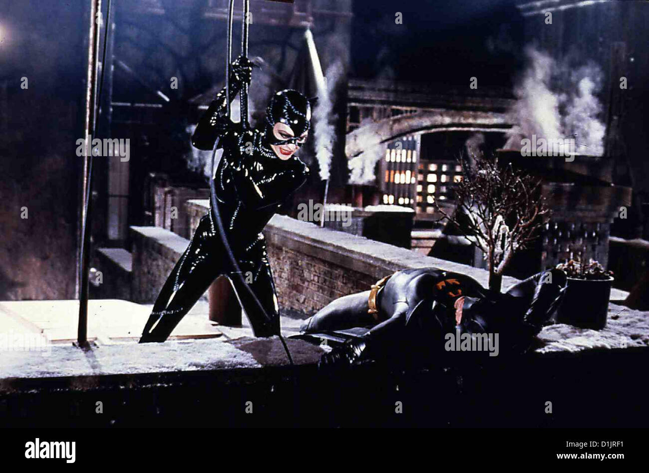 Batmans Rueckkehr  Batman Returns  Michelle Pfeiffer, Michael Keaton Dabei begegnet Batman (Michael Keaton) auch der Stock Photo