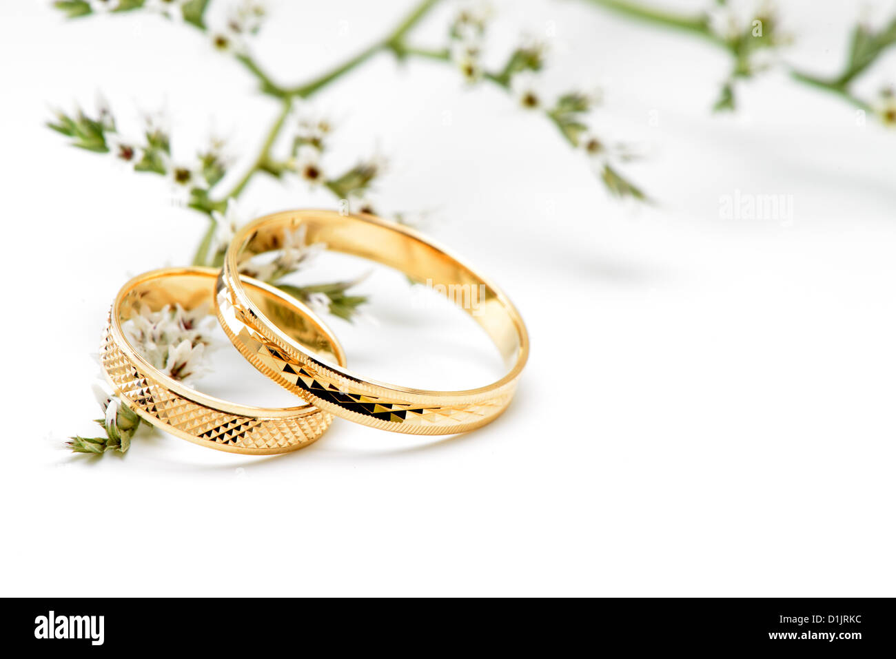  Gold  wedding  rings  and branch flowers Isolated on white  