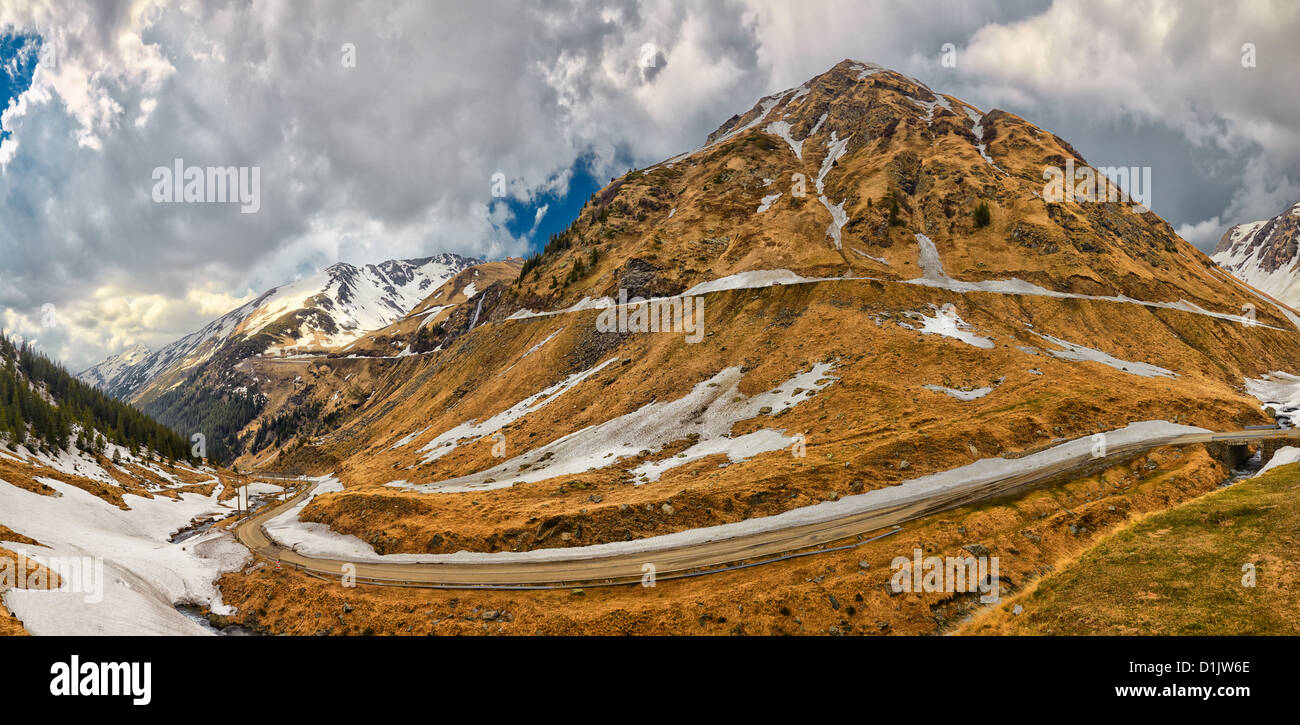 Panorama of Transfagarasan Highway which crosses Fagarasi Mountains at 2000 m altitude, Romania. Stock Photo