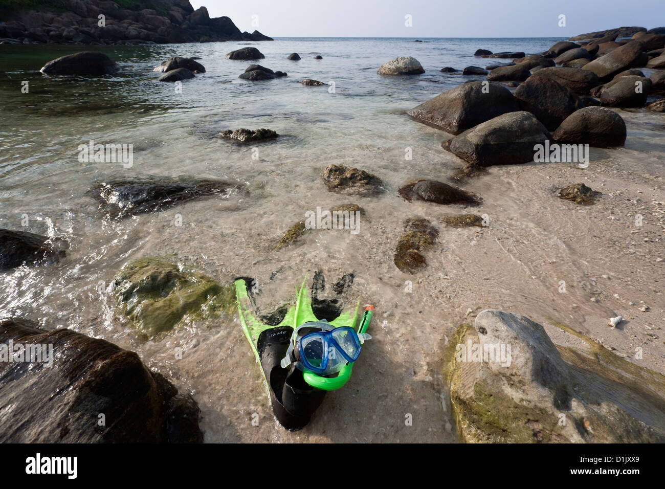 Snorkel mask and fins. Pigeon Island. Sri Lanka Stock Photo