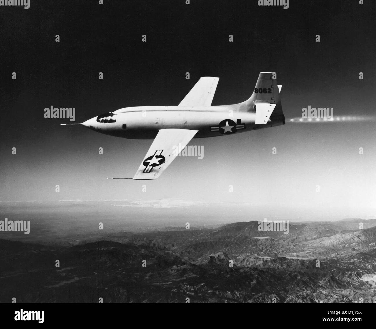 Air Force Captain Charles E. Chuck Yeager pilots the bullet shaped Bell X-1 after becoming the first person to break the sound barrier October 14,1947 in Palmdale, CA. Stock Photo