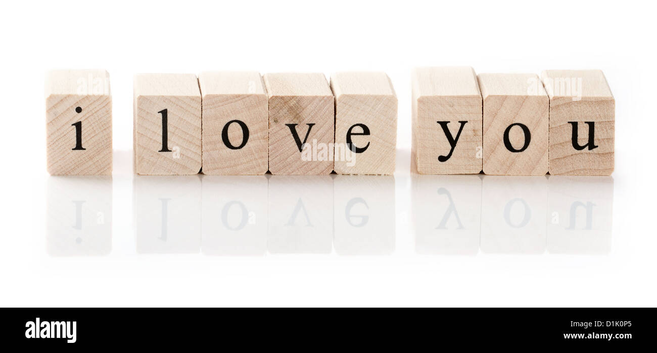 I love you spelled in wooden blocks, isolated on white background Stock Photo