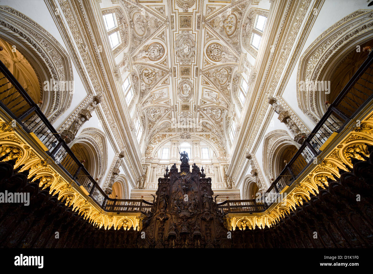 Mahogany choir stalls and lunette vault above inside the marvellous Mezquita Cathedral in Cordoba, Andalucia, Spain. Stock Photo