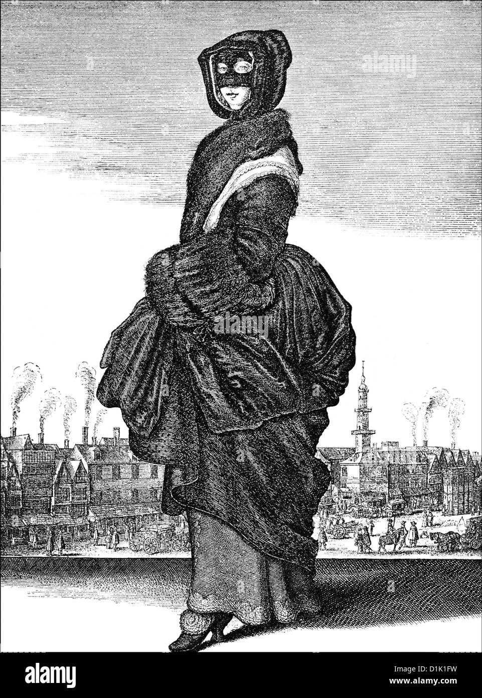 winter of 1643, a noble woman from London wearing a mask, 17th century,