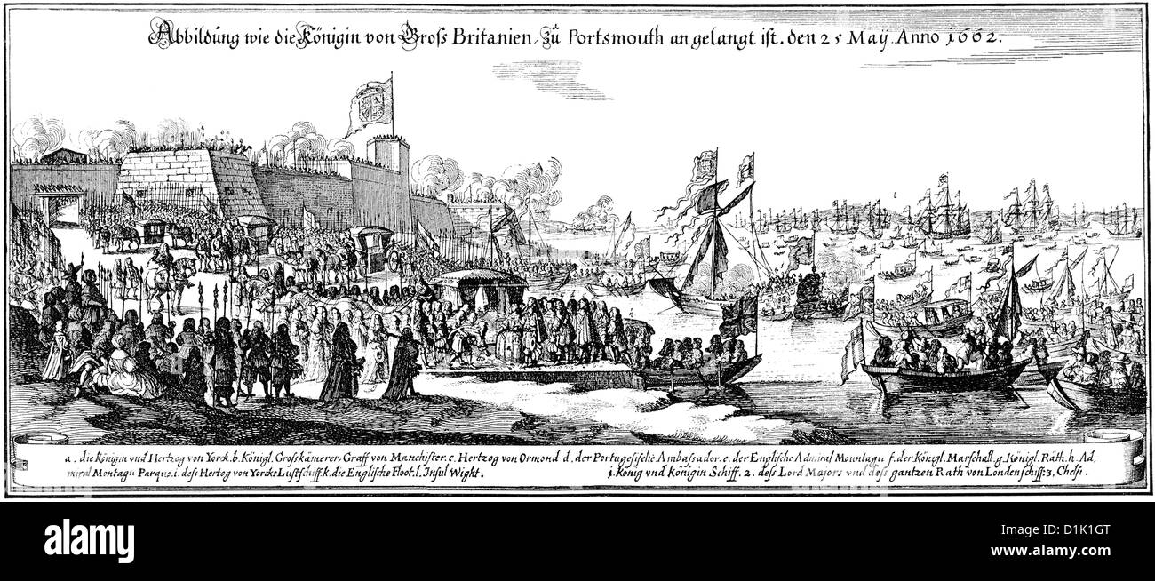 arrival of Henrietta Catherine of Braganza, Infanta of Portugal, in Portsmouth on May 25th 1662 Stock Photo