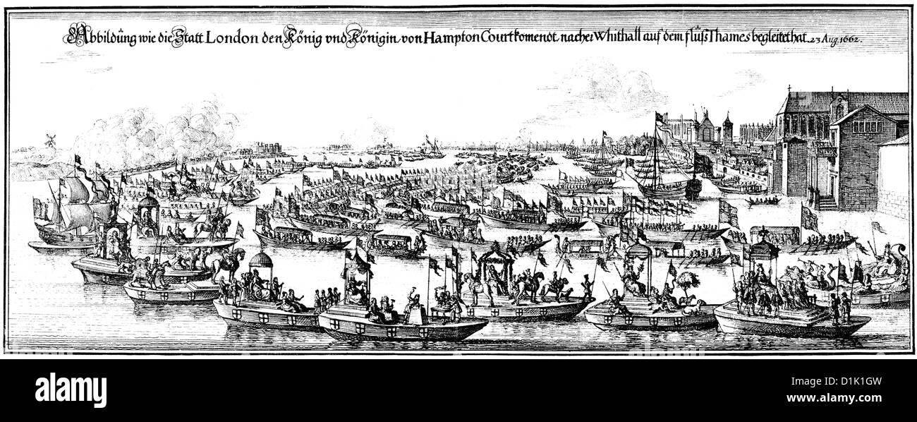 reception in London on 23rd August 1662, the English King Charles II and Queen Catherine of Braganza, on the River Thames Stock Photo