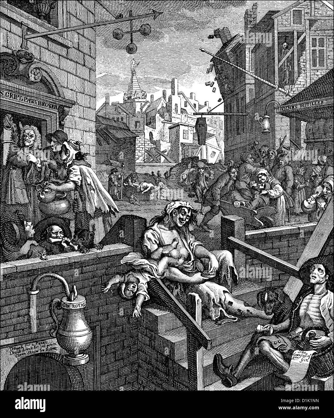 Gin Lane or Liquor Alley, a caricature, symbolic image on alcoholism in the 18th century in England, by William Hogarth, 1697 - Stock Photo