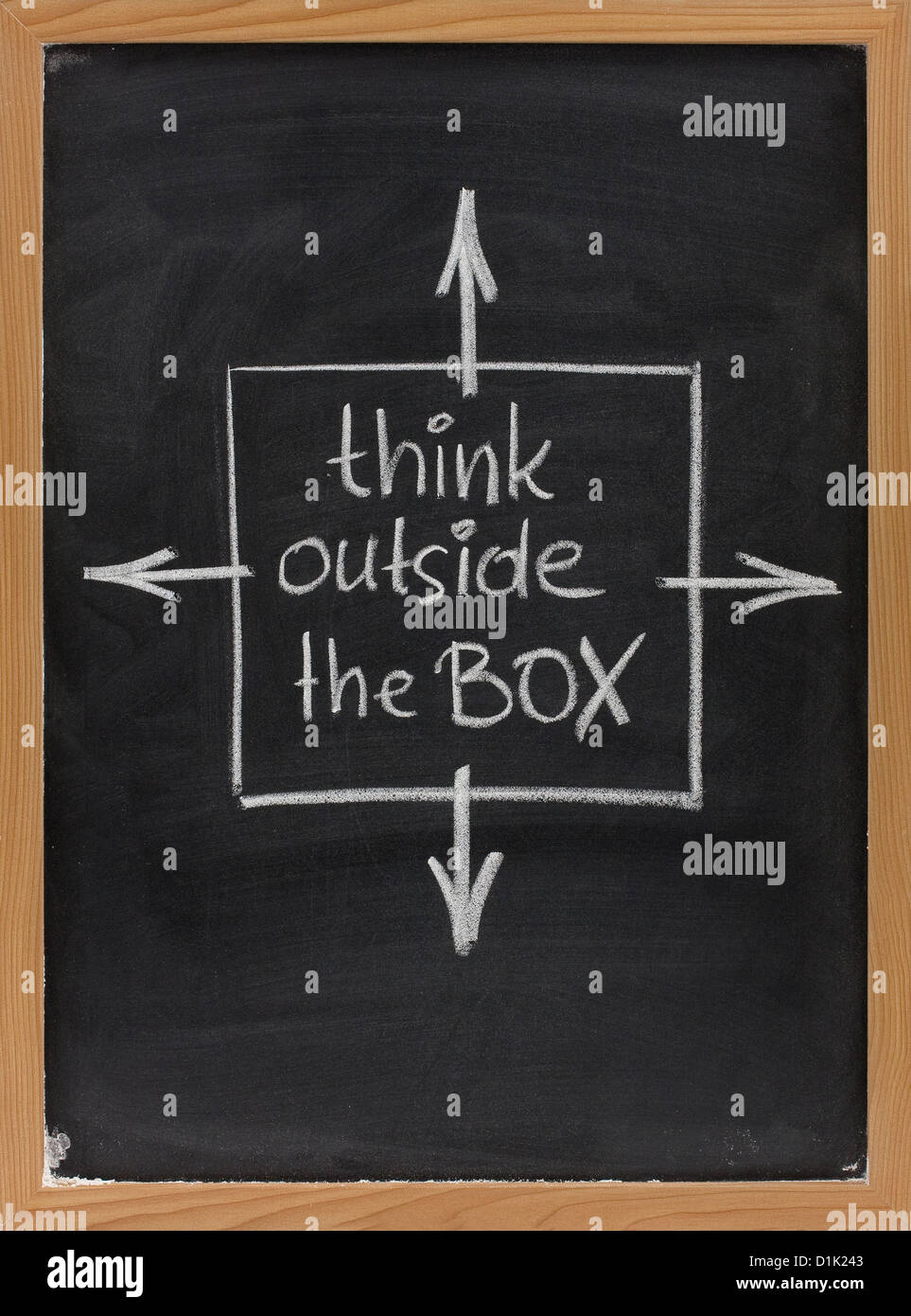 think outside the box - concept of different or unconventional thinking sketched with white chalk on a blackboard Stock Photo