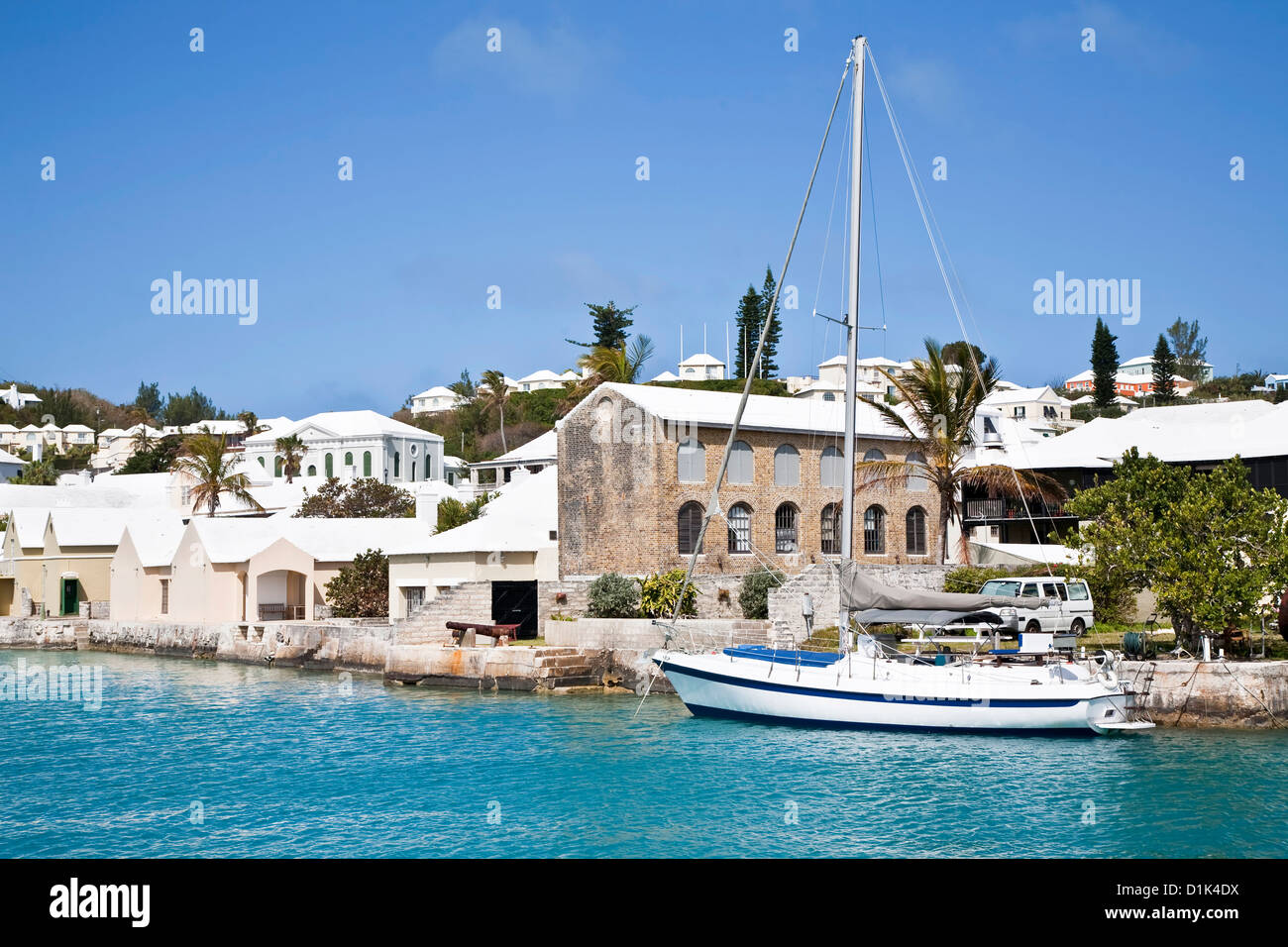 Sailing ship along the waterfront of the town of St. George's, Bermuda. Stock Photo