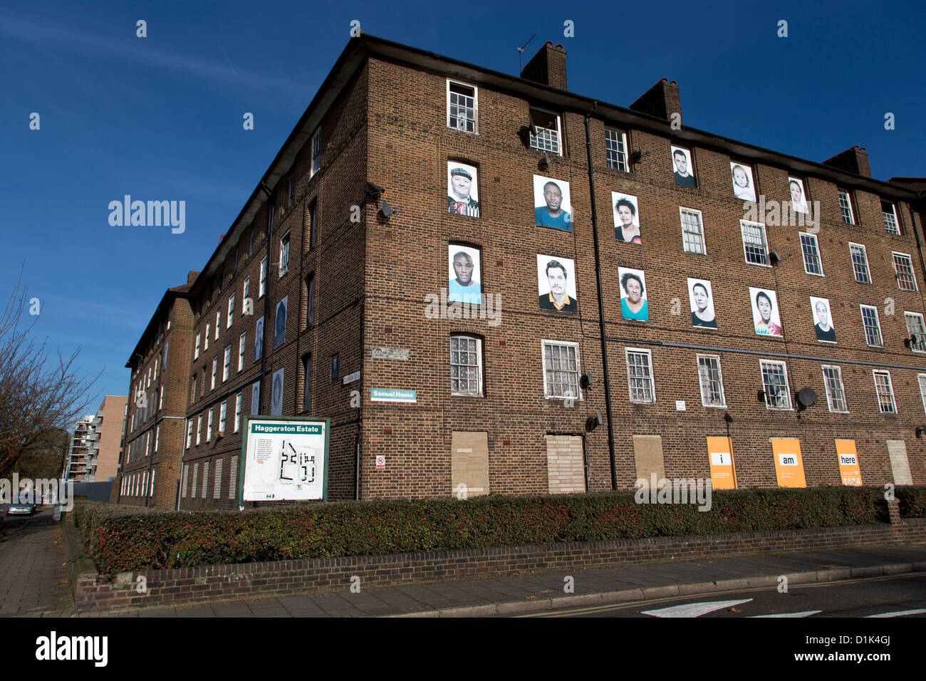 I Am Here by Fugitive Images is a public art work on Samuel House, Haggerston Estate, Dunston Road, Hackney, London, UK. Stock Photo