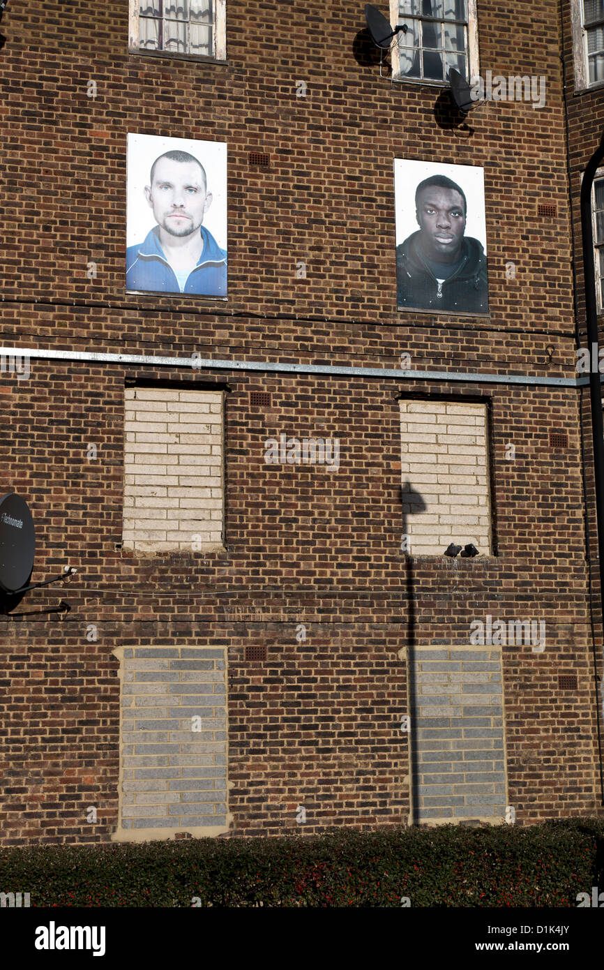 I Am Here by Fugitive Images is a public art work on Samuel House, Haggerston Estate, Dunston Road, Hackney, London, UK. Stock Photo