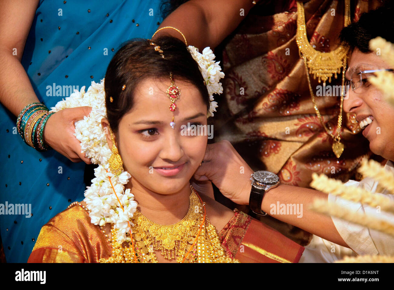 tahlikettu ceremony from a traditional indian hindu wedding or kerala hindu wedding,kerala,south india,india,asia Stock Photo