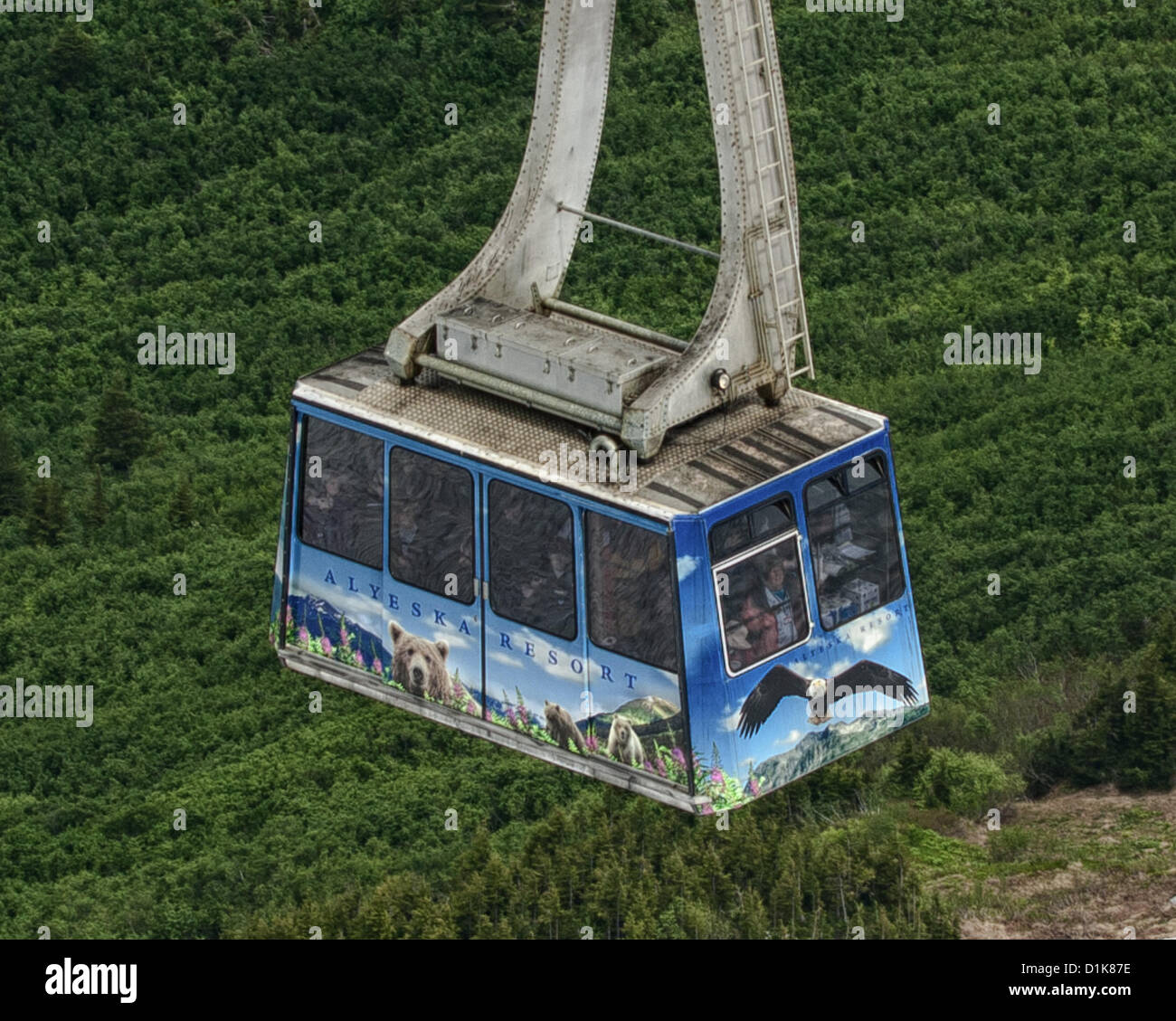 June 30, 2012 - Girdwood, Alaska, US - Close-up look at one of the brightly decorated 60-passenger aerial trams of the Alyeska Resort Aerial Tramway. The trams, operated by the four-star, year-round Alyeska resort hotel, provide a scenic ride up Mount Alyeska to the 2,300-foot level. Mt Alyeska, the biggest ski mountain in the state, is located in Girdwood, Alaska, 27 mi (44Â km) from Anchorage. (Credit Image: © Arnold Drapkin/ZUMAPRESS.com) Stock Photo