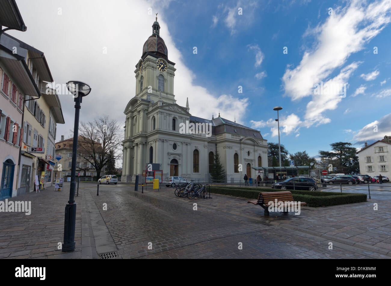 View of the Temple de Morges, a Protestant church in Morges, Switzerland Stock Photo