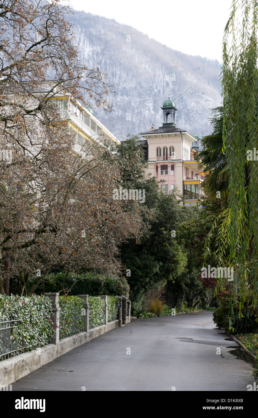 View of house with mountains in background, Veytaux Montreux, Switzerland Stock Photo