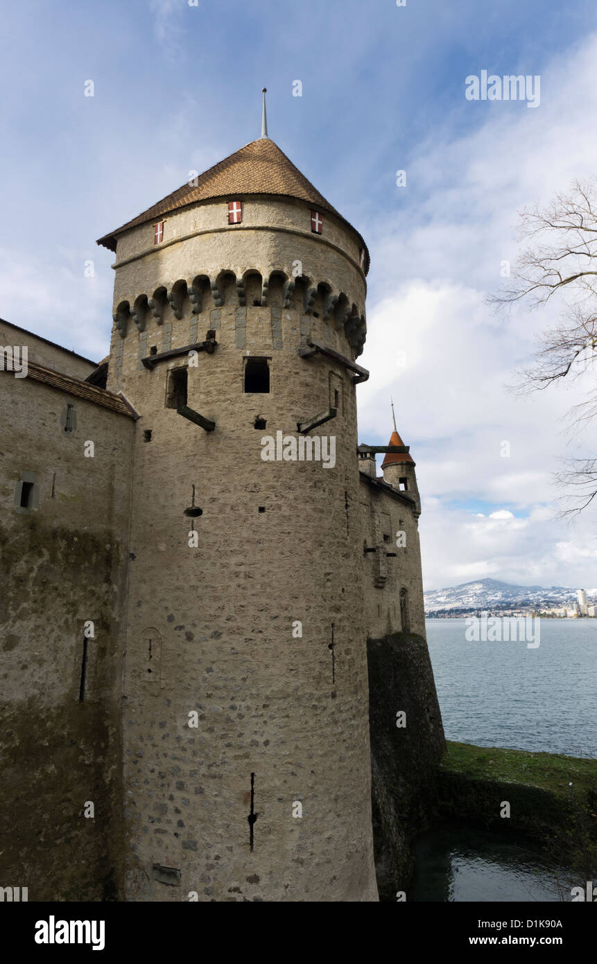 View of part of the protective wall at Chateau Chillon (Chillon Castle) in Veytaux near Montreux, Switzerland Stock Photo