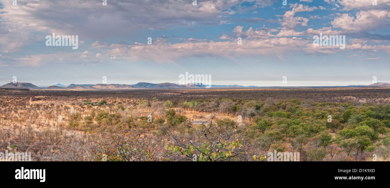 Damaraland landscape, a panorama view of the Hankow Plains near Vingerklip (Rock Finger) in northwestern Namibia, Africa. Panoramic image. Stock Photo