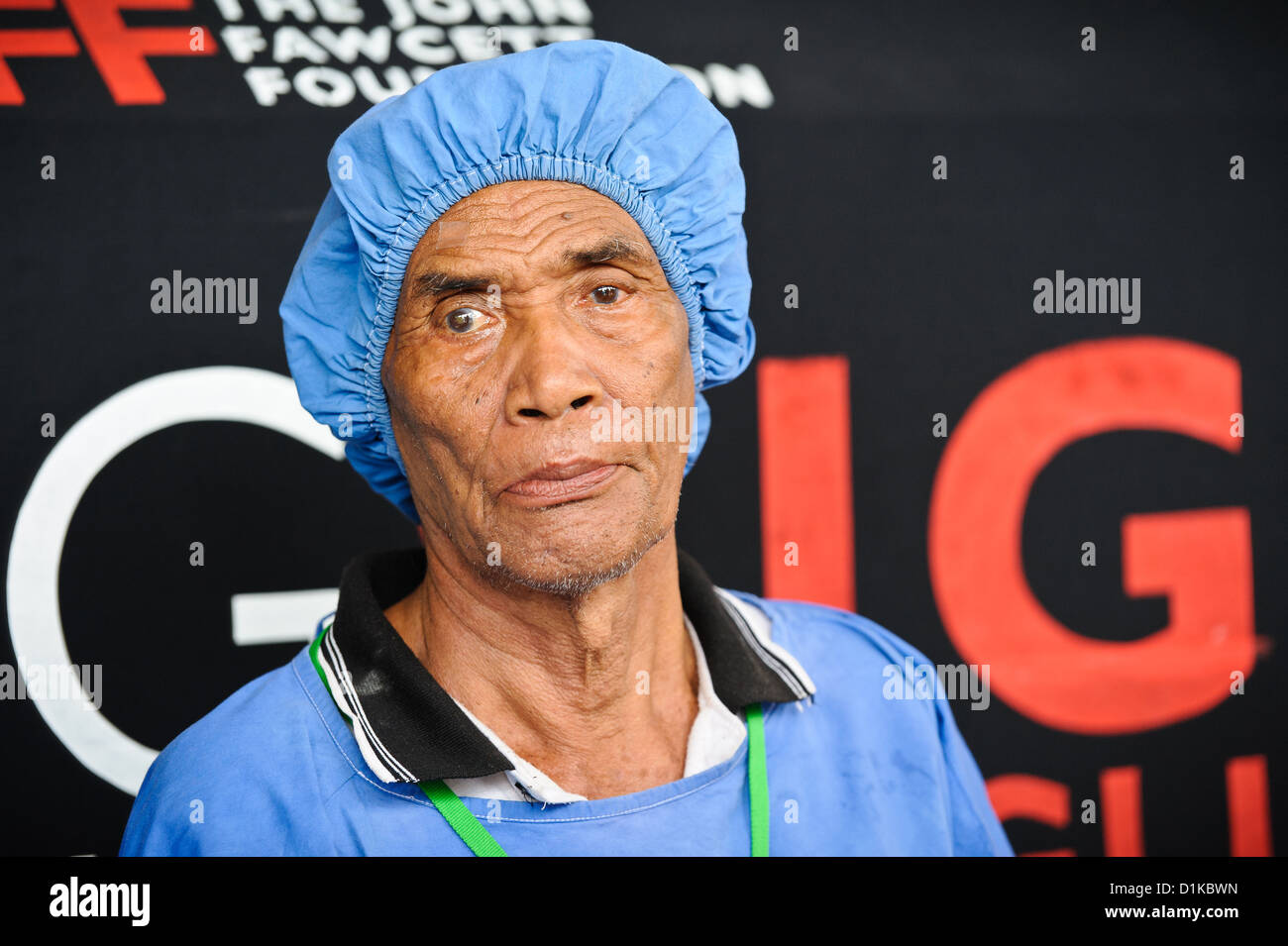 A patient waiting for cataract surgery at a free, mobile clinic, Bali, Indonesia. Stock Photo