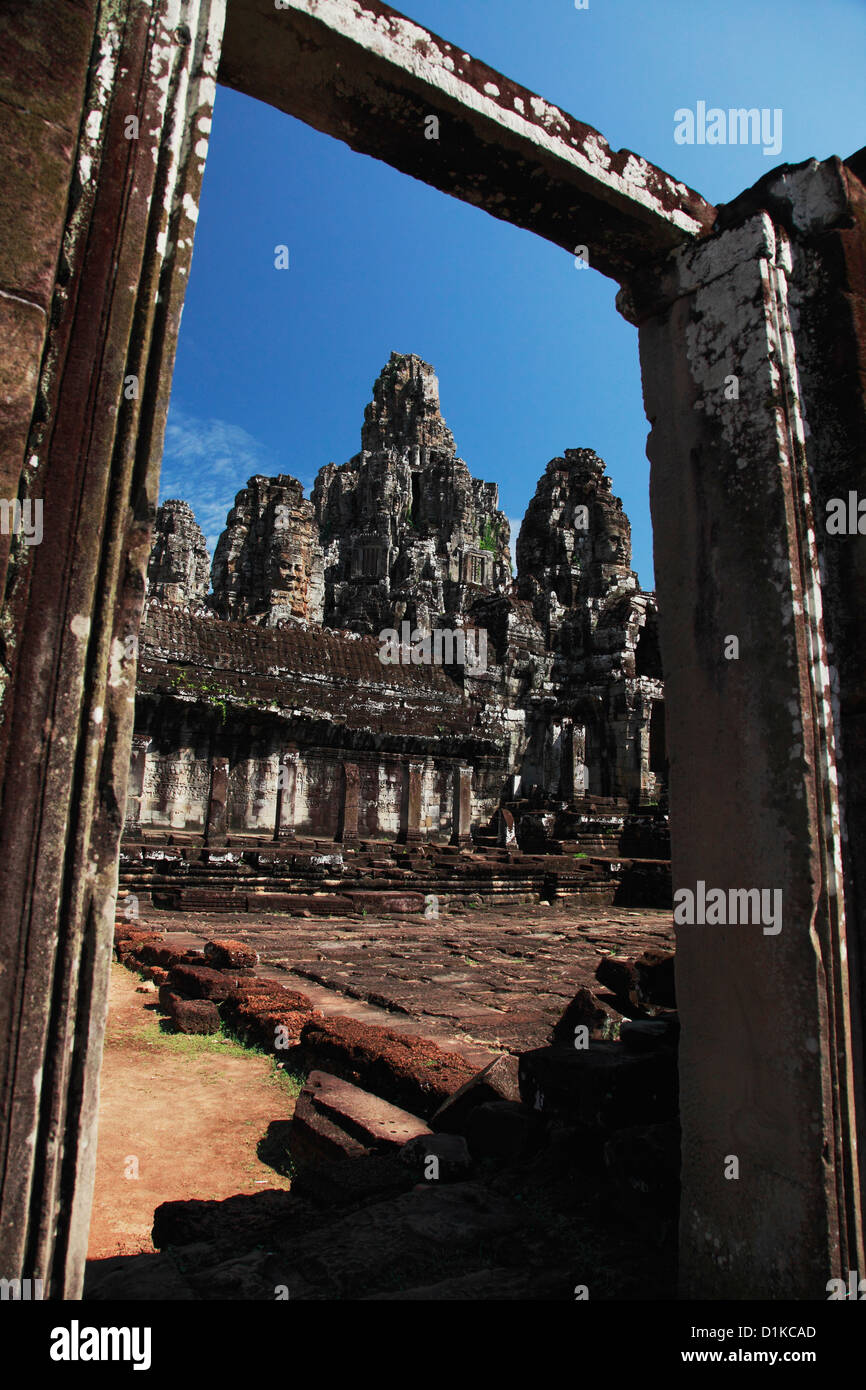 View of Bayon Temple through stone doorway, Angkor Wat, Cambodia Stock Photo