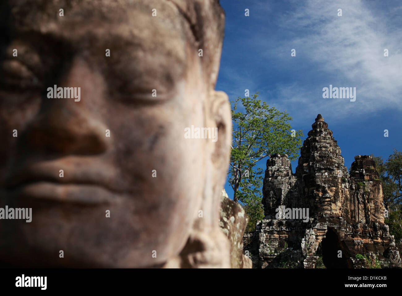 Close up of statue in front of Bayon Temple, Angkor Wat, Cambodia Stock Photo