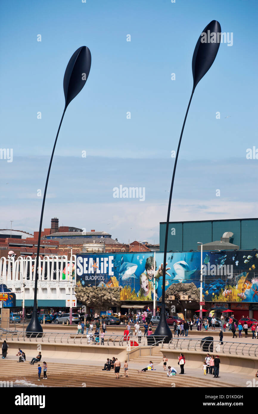 Modern sculpture on Blackpool seafront after redevelopment of sea wall