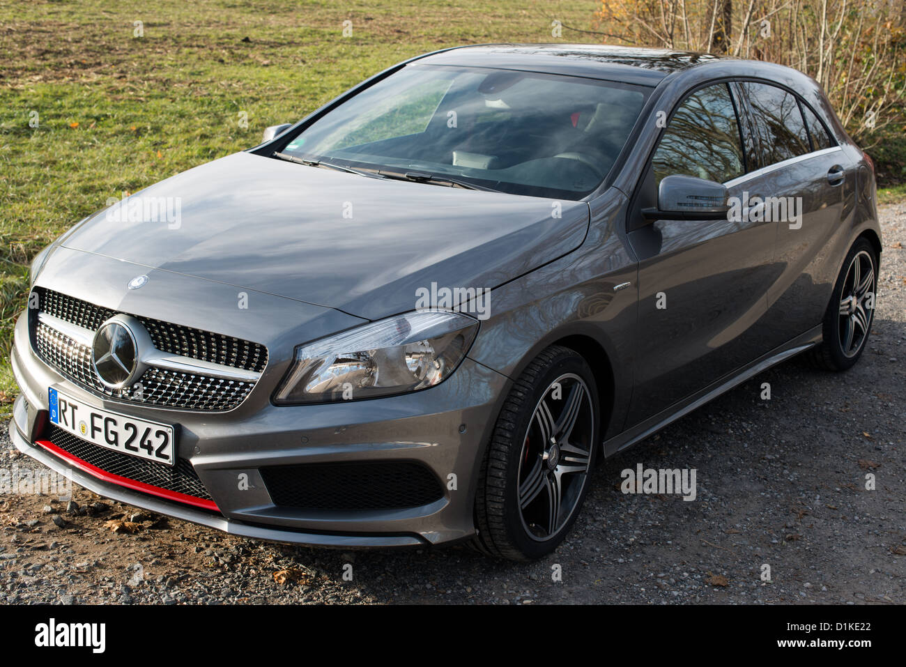 The new Mercedes Class A 250 AMG Sport is parked in front of Solitude Palace on November 21, 2012 in Stuttgart, Germany. Stock Photo