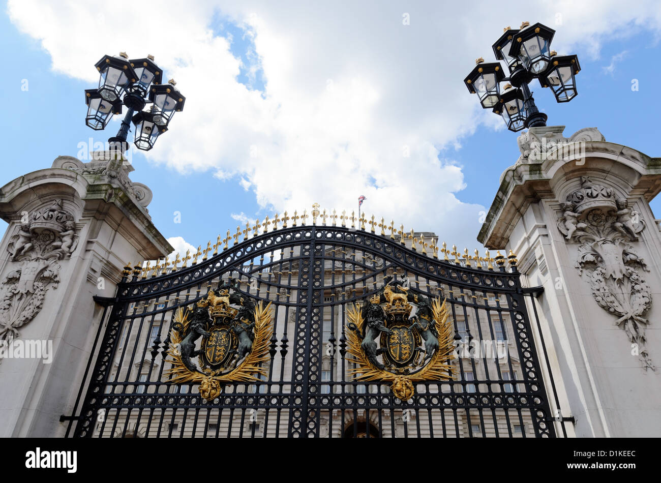 London, England - June 30th, 2012: The black and gold front gates of the east facade of Buckingham Palace Stock Photo