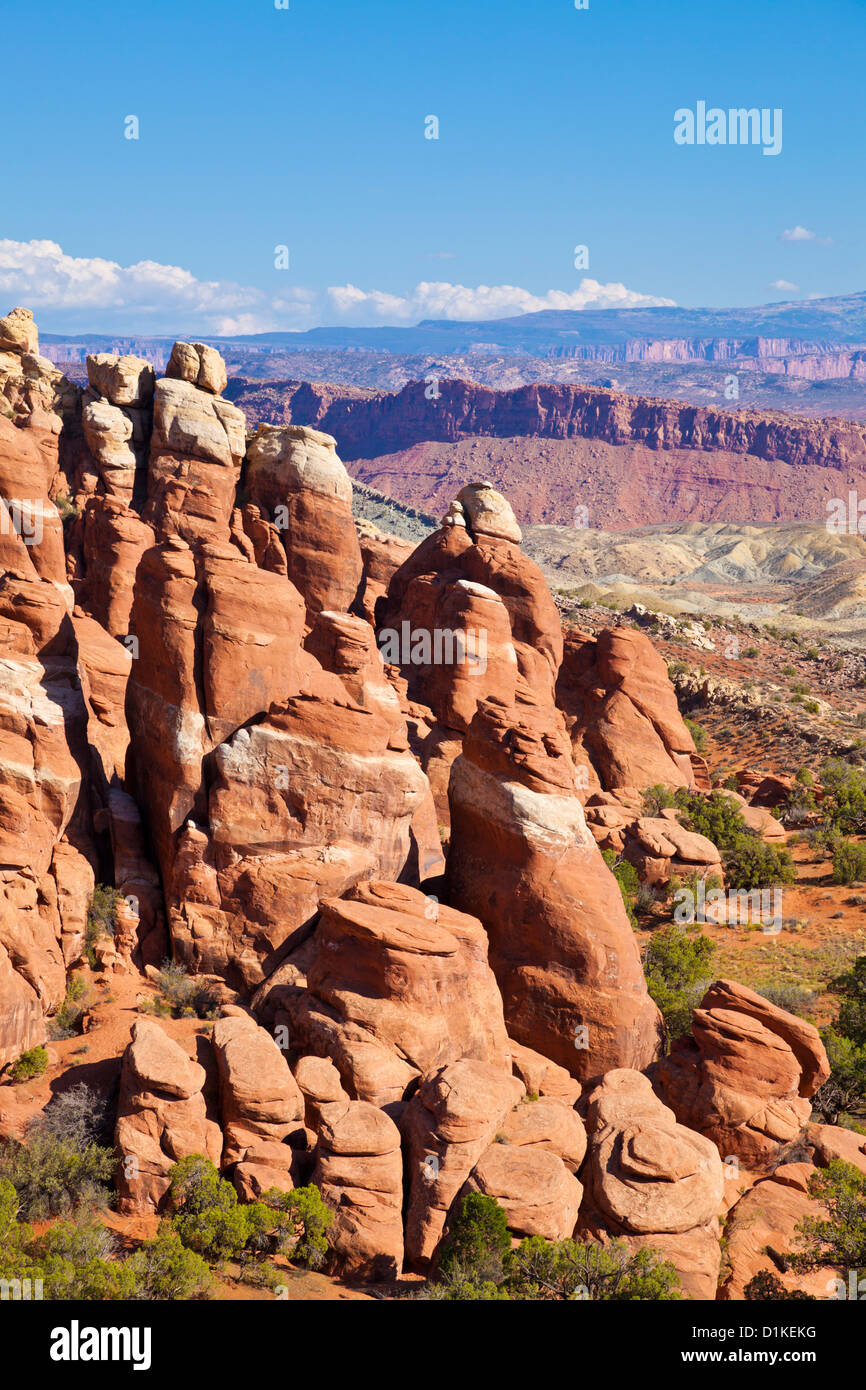 The Fiery Furnace sandstone rock spires and pinnacles Arches National Park near Moab Utah USA United states of america US Stock Photo