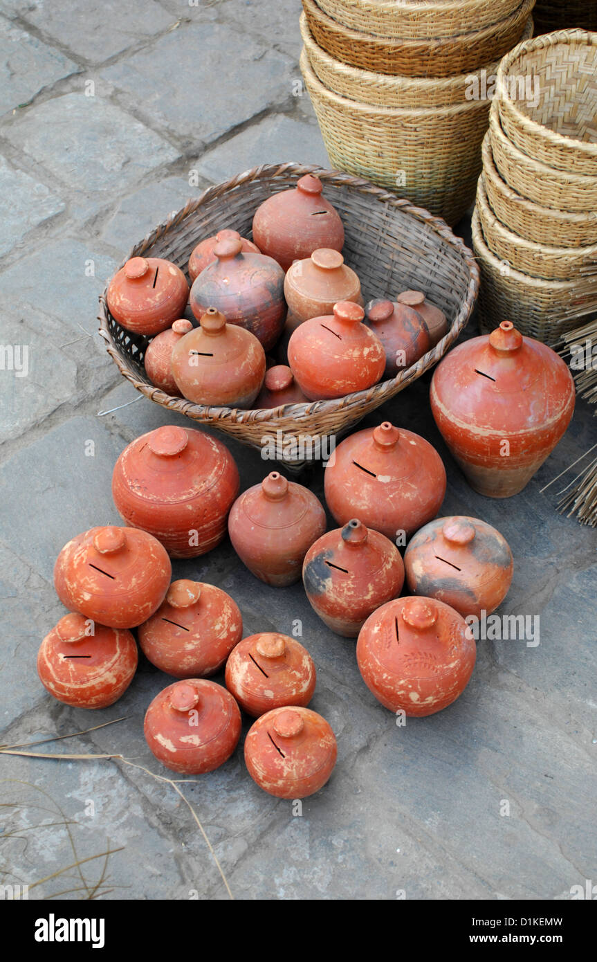 clay pottery for sale in an open market place in Phokara, Nepal Stock