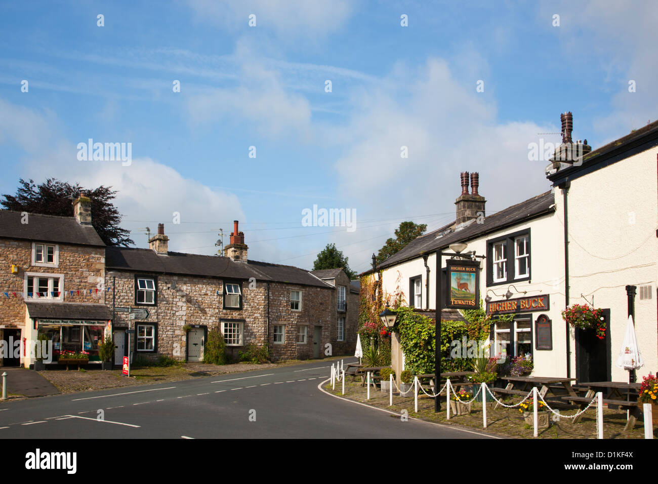 Village of Waddington in Lancashire showing village post office and Higher Buck inn. Stock Photo