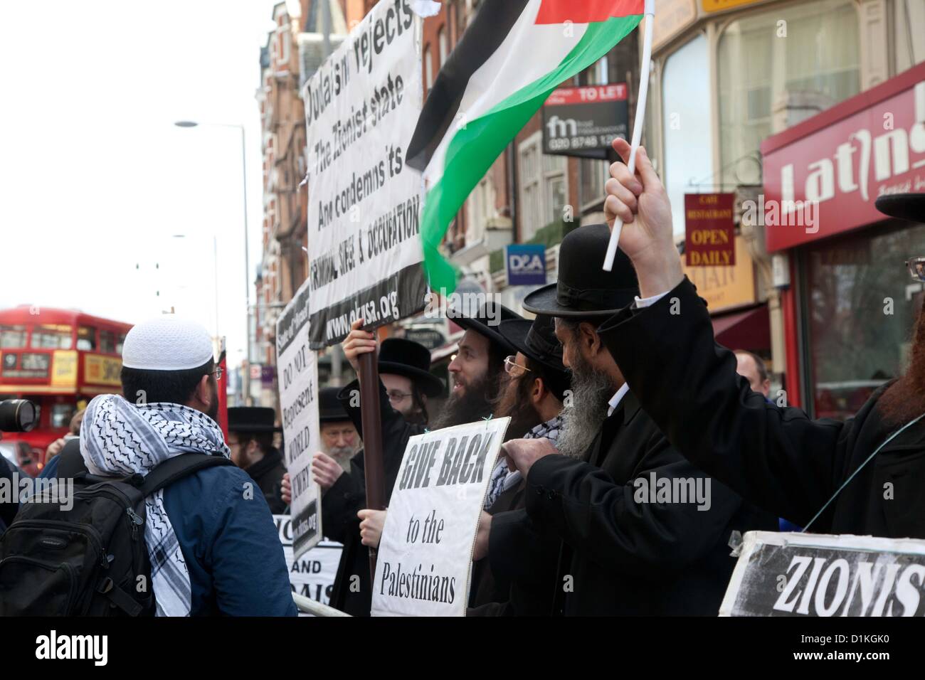 London, UK. 27 December 2012 Hasidic Jews joined the protest outside the Israeli Embassy. Stock Photo