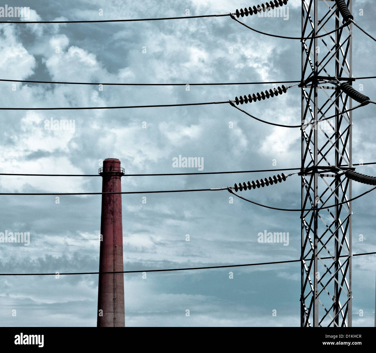 Power lines and smoke stack Stock Photo - Alamy