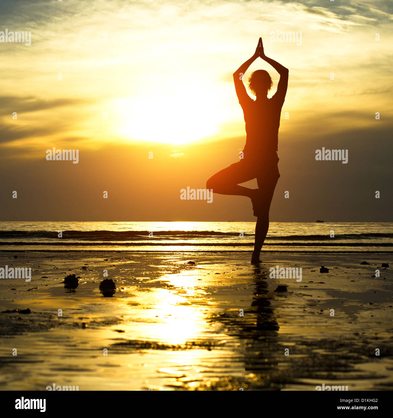 Silhouette of a beautiful yoga woman in the evening Stock Photo