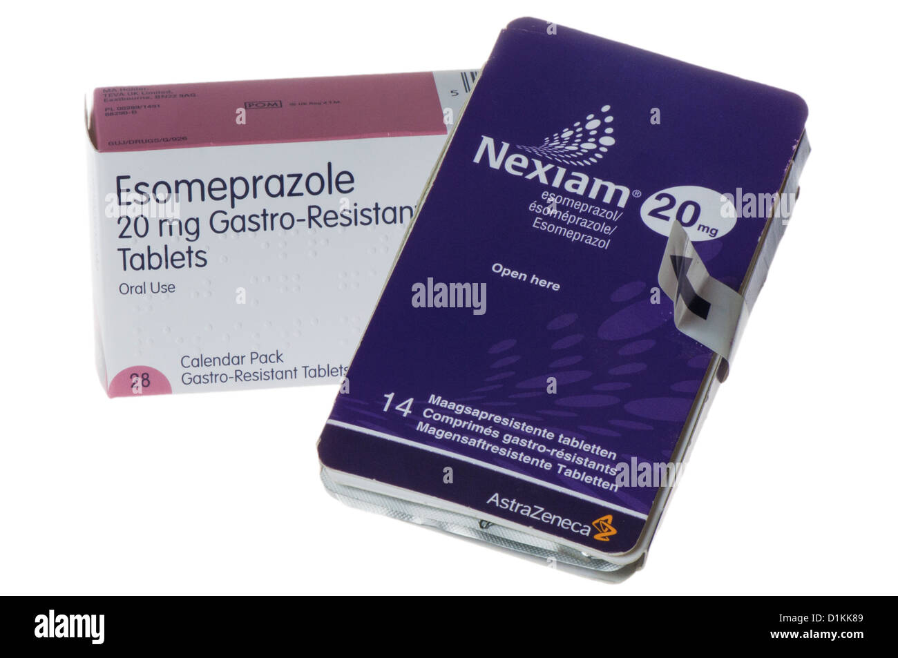 Box of generic Esomeprazole tablets alongside Astra Zenica branded Nexiam (Nexium) Stock Photo